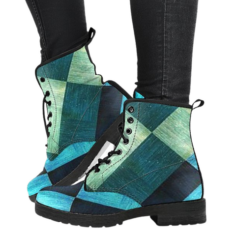 Image of Blue Plaid, Vegan Leather Women's Boots, Lace,Up Boho Hippie Style, Mandala