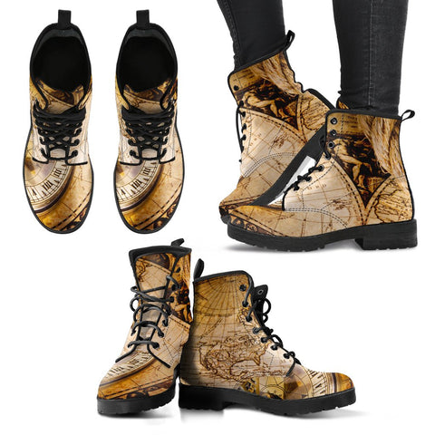 Image of World Map Vegan Leather Women's Boots, Handcrafted Hippie Streetwear, Stylish