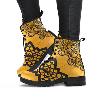Yellow Floral Mandala Women's Vegan Leather Boots, Retro Winter Rain Shoes,