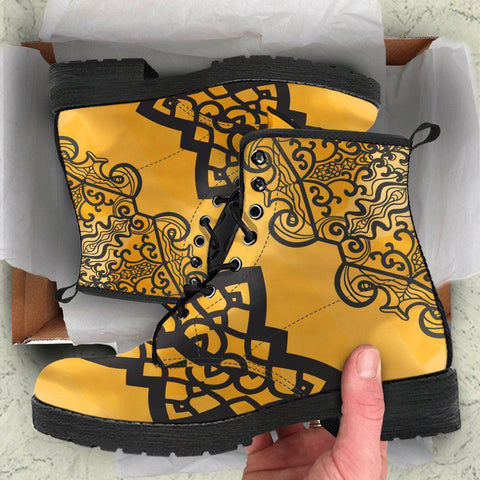 Image of Yellow Floral Mandala Women's Vegan Leather Boots, Retro Winter Rain Shoes,