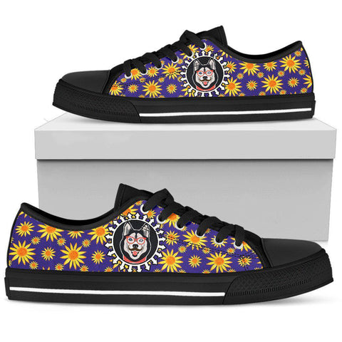 Image of Yelllow Daisy Husky Blue Low Tops Sneaker,Streetwear,Handmade Crafted,Hippie,Spiritual,Canvas Shoes,High Quality,All Star,Custom Shoes