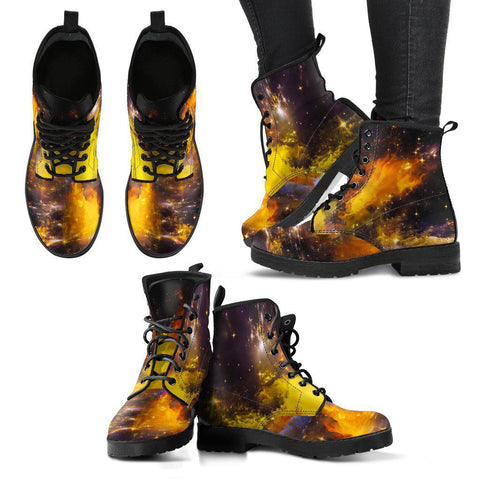 Image of Yellow Black Galaxy Nebula Star Women's Vegan Leather Boots, Handmade Hippie Spiritual Rain Shoes, Mandala Design, Crafted Footwear