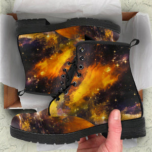Yellow Black Galaxy Nebula Star Women's Vegan Leather Boots, Handmade Hippie Spiritual Rain Shoes, Mandala Design, Crafted Footwear