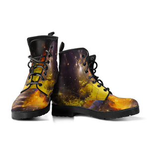 Yellow Black Galaxy Nebula Star Women's Vegan Leather Boots, Handmade Hippie Spiritual Rain Shoes, Mandala Design, Crafted Footwear