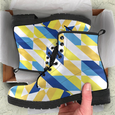 Image of Yellow & Blue Geometric: Women's Vegan Leather Boots, Handcrafted Ankle Boots,