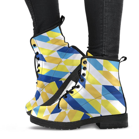 Image of Yellow & Blue Geometric: Women's Vegan Leather Boots, Handcrafted Ankle Boots,