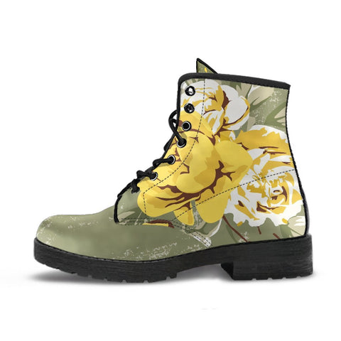 Image of Yellow And Olive Vintage Roses: Women's Vegan Leather, Handcrafted Rainbow