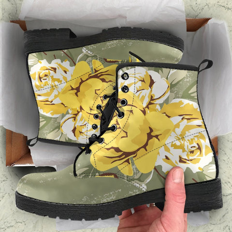 Image of Yellow And Olive Vintage Roses: Women's Vegan Leather, Handcrafted Rainbow