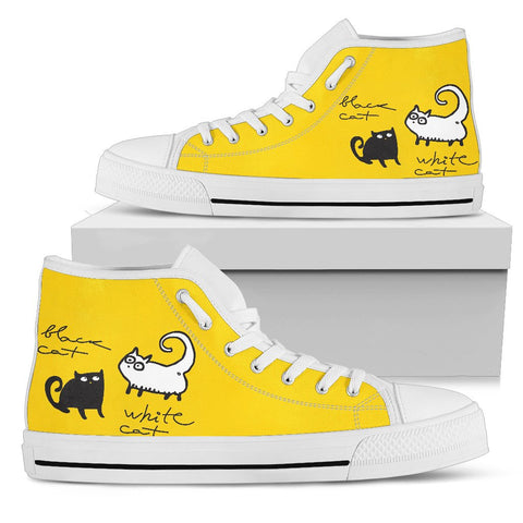 Image of Yellow Black And White Cat High Quality High Top Shoes,Handmade Crafted,All Star,Custom Shoes,Womens High Top,Bright Colorful,Mandala shoes