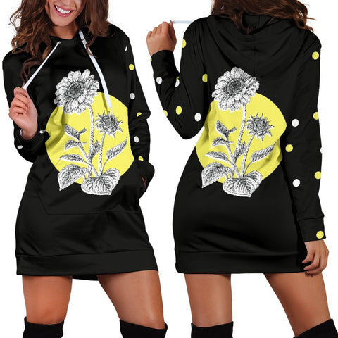 Image of Yellow Black And White Polka Dot Flower Custom Made,Womens Hoodie Dress,Custom Printed,Woman Girl Gift,Long Hoodie Jumper,Dresses Sweatshirt