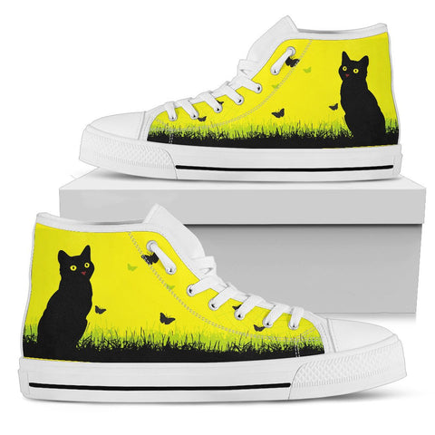Image of Yellow Black Cat Spiritual, High Tops Sneaker, Multi Colored, Streetwear, Hippie, Canvas Shoes, High Quality,Handmade Crafted, Boho,All Star