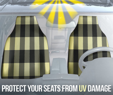 Image of Yellow Black Plaid Car Seat Covers, Classic Pattern, Front Seat Protectors,