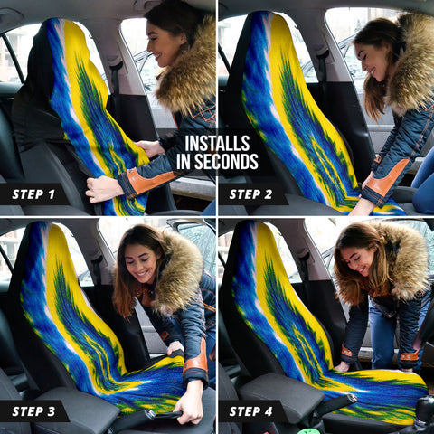 Image of Yellow Blue Tie Dye Art Car Seat Covers, Vibrant Front Protectors, Boho Seat