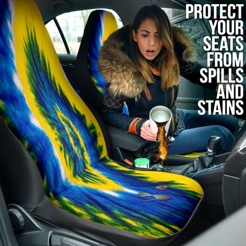 Image of Yellow Blue Tie Dye Art Car Seat Covers, Vibrant Front Protectors, Boho Seat