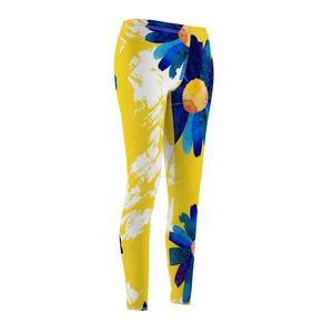 Yellow Blue Flower Daisy Bright Multicolored Women's Cut & Sew Casual Leggings,