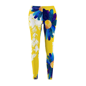 Yellow Blue Flower Daisy Bright Multicolored Women's Cut & Sew Casual Leggings,