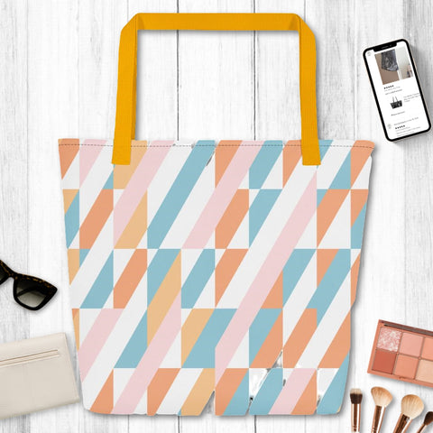 Yellow Blue Pink Geometric Stripe Multicolored Straps Large Tote Bag, Weekender Tote/ Hospital Bag/ Overnight/ Graphic/ Shopping Bags