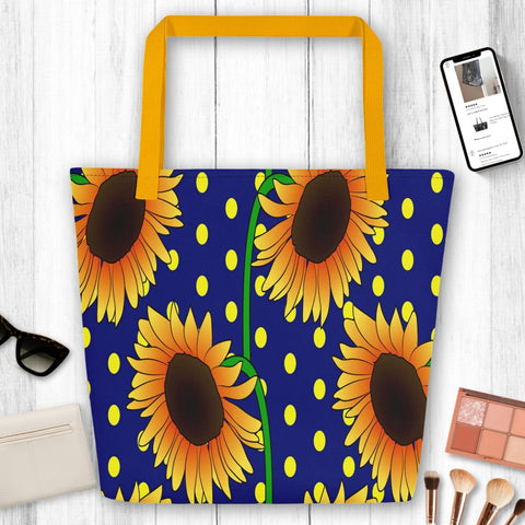 Yellow & Blue Polka Dot Sunflower Large Tote Bag, Weekender Tote/ Hospital Bag/ Overnight/ Graphic/ Shopping Bags, Canvas Tote, school bag