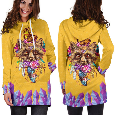 Image of Yellow Crystal Fox Pullover Long Dress, Hippie, Custom Made,Womens Hoodie Dress,Custom Printed,Woman Girl Gift,Long Hoodie Jumper,Dresses