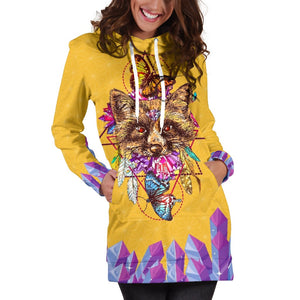 Yellow Crystal Fox Pullover Long Dress, Hippie, Custom Made,Womens Hoodie Dress,Custom Printed,Woman Girl Gift,Long Hoodie Jumper,Dresses