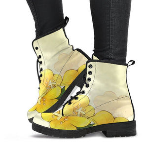 Yellow Flower Pattern: Women's Vegan Leather Boots, Handcrafted Ankle Boots,