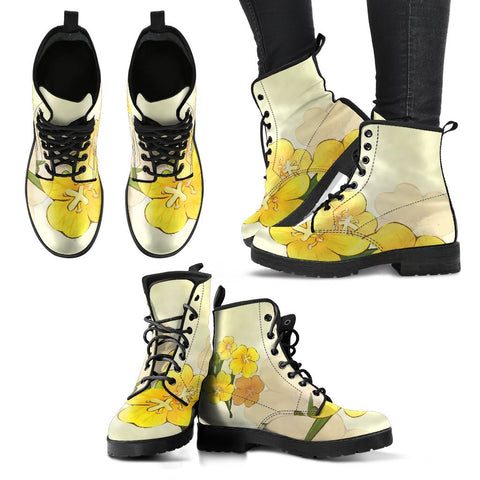 Image of Yellow Flower Pattern: Women's Vegan Leather Boots, Handcrafted Ankle Boots,