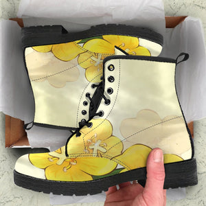 Yellow Flower Pattern: Women's Vegan Leather Boots, Handcrafted Ankle Boots,
