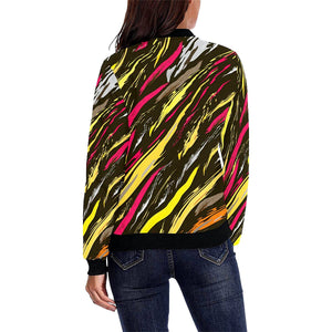 Yellow Gray And Crimson Brushstroke On Womens Bomber Jacket Colorful, Bright Colorful