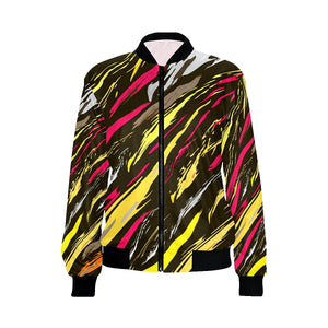 Yellow Gray And Crimson Brushstroke On Womens Bomber Jacket Colorful, Bright Colorful