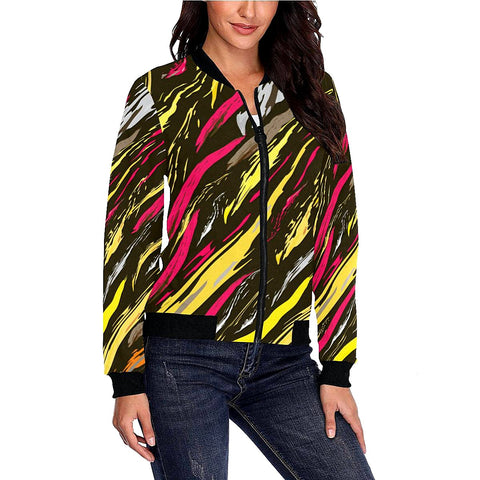 Image of Yellow Gray And Crimson Brushstroke On Womens Bomber Jacket Colorful, Bright Colorful