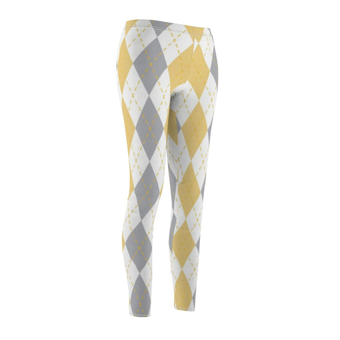 Image of Yellow Grey Multicolored Plaid Women's Cut & Sew Casual Leggings, Yoga Pants,