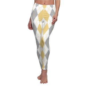 Yellow Grey Multicolored Plaid Women's Cut & Sew Casual Leggings, Yoga Pants,