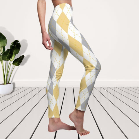 Image of Yellow Grey Multicolored Plaid Women's Cut & Sew Casual Leggings, Yoga Pants,