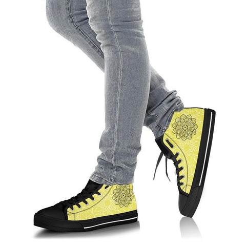 Image of Yellow Mandala High Top,High Tops Sneaker, Hippie, High Quality,Handmade Crafted,Spiritual, Multi Colored, Canvas Shoes,High Quality Shoes