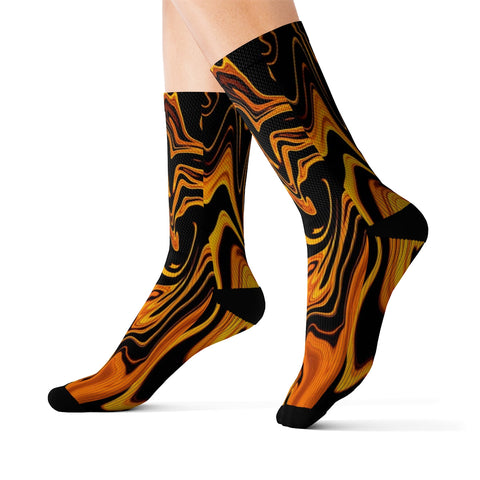 Image of Yellow Orange Fiery Marble Lava Long Sublimation Socks, High Ankle Socks, Warm