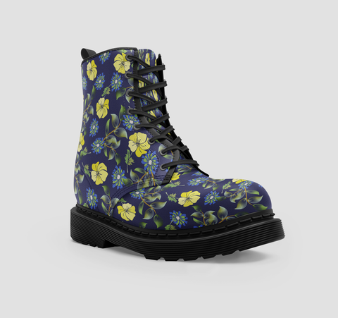 Image of Vegan Wo's Boots - Yellow Roses Floral Design - Handmade Stylish Blue Shoes - Ideal Birthday Present - Eco-Friendly Footwear - Unique Gift