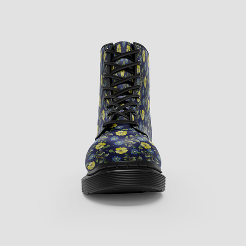 Image of Vegan Wo's Boots - Yellow Roses Floral Design - Handmade Stylish Blue Shoes - Ideal Birthday Present - Eco-Friendly Footwear - Unique Gift