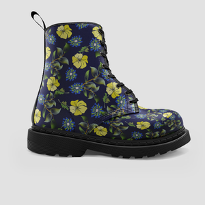 Vegan Wo's Boots - Yellow Roses Floral Design - Handmade Stylish Blue Shoes - Ideal Birthday Present - Eco-Friendly Footwear - Unique Gift