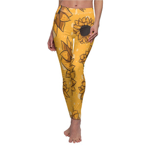 Yellow Sunflower Women's Cut & Sew Casual Leggings, Yoga Pants, Polyester