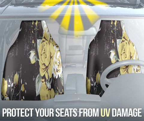 Image of Vintage Yellow Roses Car Seat Covers, Retro Design Front Seat Protectors, Flower