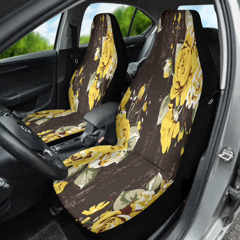 Image of Vintage Yellow Roses Car Seat Covers, Retro Design Front Seat Protectors, Flower