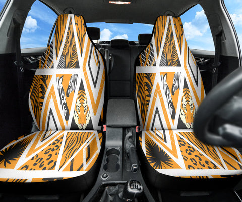 Image of Yellow African Safari Tiger Print Car Seat Covers, Jungle Wildlife Themed Front