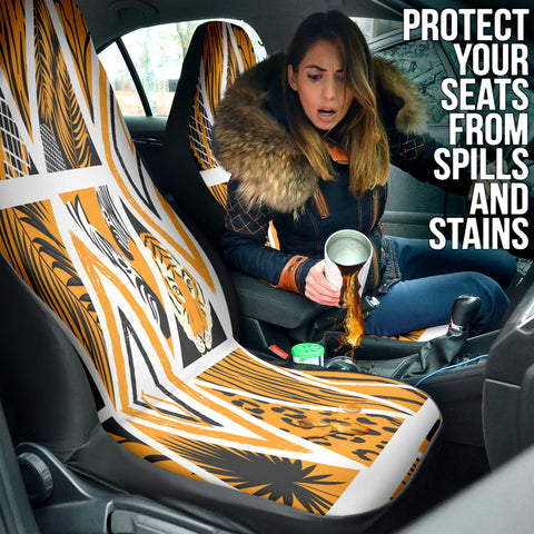 Image of Yellow African Safari Tiger Print Car Seat Covers, Jungle Wildlife Themed Front