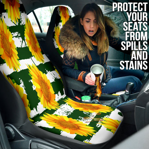 Image of Green, Yellow Sunflower Car Seat Covers, Nature,Inspired Front Protectors,