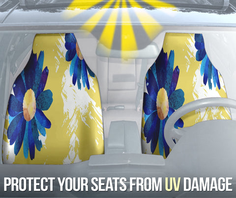 Image of Yellow Watercolor Floral Car Seat Covers, Artistic Front Seat Protectors,