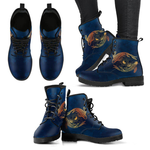 Image of Women's Vegan Leather Boots, Blue Ying Yang Koi Fish Design, Hippie