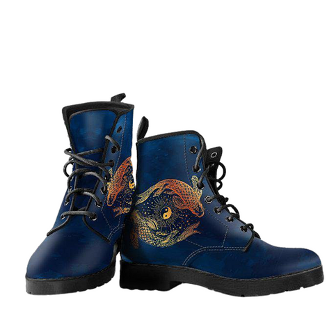 Image of Women's Vegan Leather Boots, Blue Ying Yang Koi Fish Design, Hippie