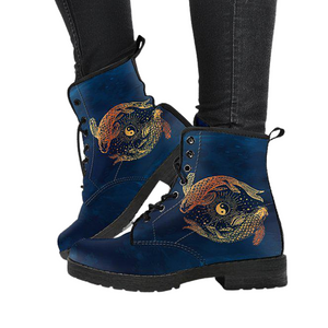 Women's Vegan Leather Boots, Blue Ying Yang Koi Fish Design, Hippie
