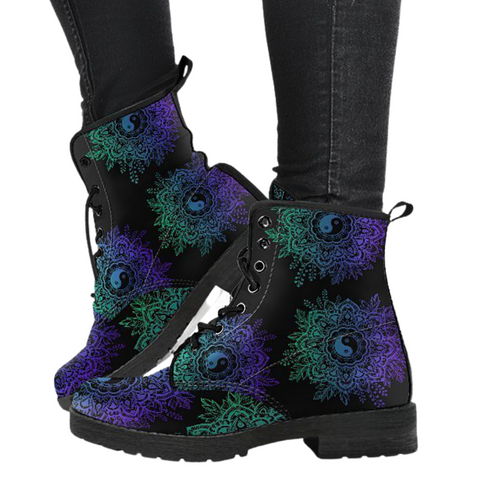 Image of Yin Yang Lotus Women's Vegan Leather Lace-Up Boots, Handcrafted Boho Hippie Ankle Boots