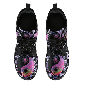 Women's Vegan Leather Boots, Yin Yang Mandala Design, Lace,Up Boho